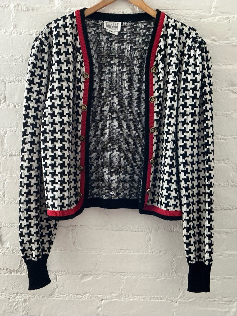 VTG Leslie Fay Houndstooth Knit Cardigan Sweater Jacket Open Front Red Trim 12